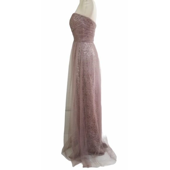 BELSOIE Mauve Strapless Metallic Lace Dress 14 - Picture 6 of 14